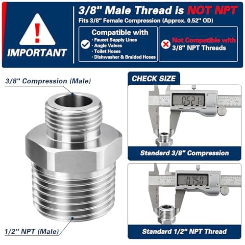 RV Faucet Adapter, 1/2 to 3/8 Compression Fitting, 304 Stainless Steel Reducer Faucet Adapter, Reducer Water Supply Adapter for RV Kitchen Plumbing (2 Pack)
