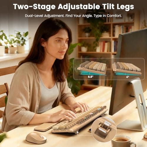 Wireless Keyboard and Mouse Combo, Full-Size Retro Typewriter Keyboard with Round Keycaps, Magnetic Wrist Rest & Tilt Legs, 2.4GHz Cordless for Mac/Windows PC/Laptop, SABLUTE CK23, Latte Gradient — view 2
