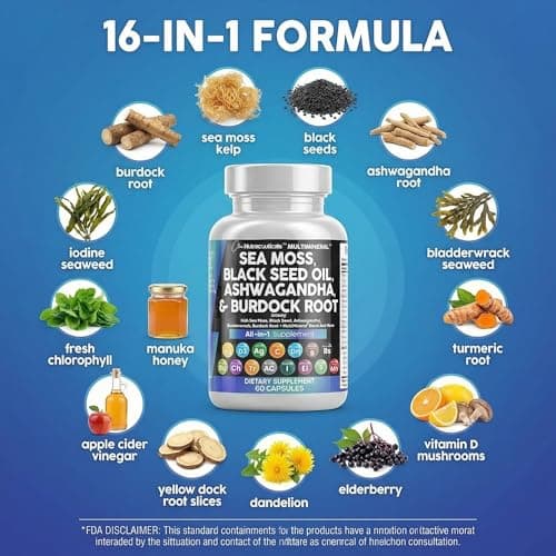 Clean Nutraceuticals Sea Moss Black Seed Oil Ashwagandha Turmeric Bladderwrack Burdock & Vitamin C Vitamin D3 with Elderberry Manuka Dandelion Yellow Dock Iodine Chlorophyll ACV — view 3