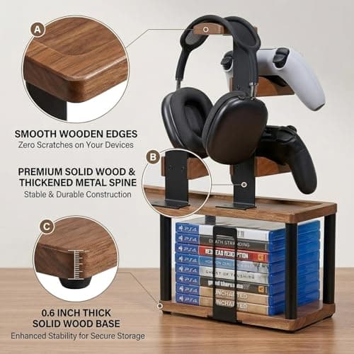 Solid Wood Headphone Stand & Controller Holder with Video Game Storage Base — view 2