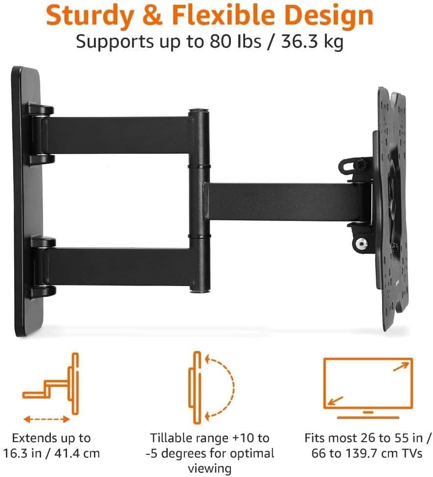 Amazon Basics Full Motion Articulating TV Wall Mount, with Swivel and Tilt, for 26" to 55" TVs and Flat Panels up to 80 Lbs, VESA Compatible, Single Stud, Black — view 3