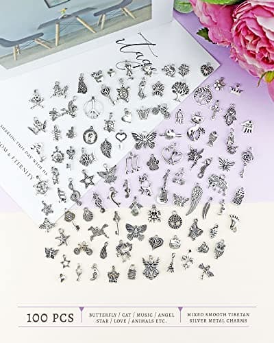 JIALEEY Wholesale Bulk Lots Jewelry Making Silver Charms Mixed Smooth Tibetan Silver Metal Charms Pendants DIY for Necklace Bracelet Jewelry Making and Crafting, 100 PCS — view 4