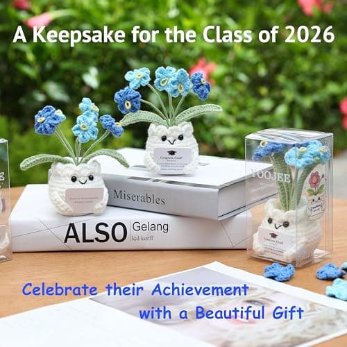 YOOJEE Crochet Forget Me Not Graduation Gift – Class of 2026 Blue Flowers with Card “Congrats, Grad! You Did It.”, Meaningful Gift for Student, Senior, Keepsake Desk Decor — view 3