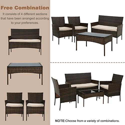 BestOffice Patio Furniture 4 Pieces Outdoor Indoor Use Rattan Chairs Wicker Patio Loveseats Conversation Sets with Table and Beige Cushions for Backyard Lawn Porch Garden Balcony,Brown — view 4