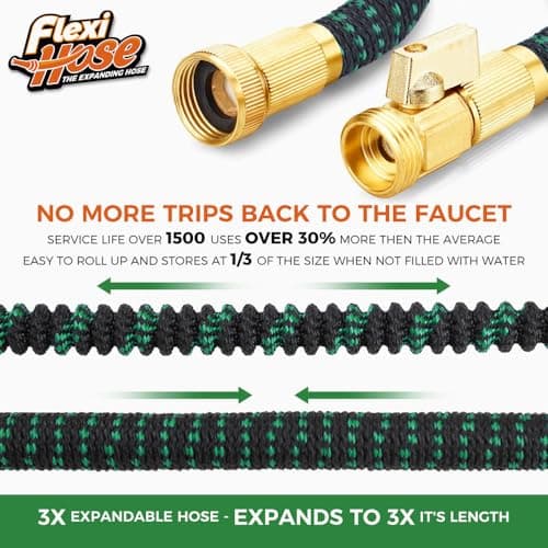 Flexi Hose with 8 Function Nozzle, 50FT - Lightweight Expandable Garden Hose, No-Kink Flexibility, 3/4 Inch Solid Brass Fittings and Double Latex Core - Black and Green — view 2