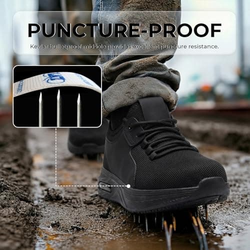 Ulogu Wide Steel Toe Shoes for Men Waterproof Thick Sole Non Slip Safety Sneakers Comfortable Puncture Proof Indestructible Work Shoe Black — view 3