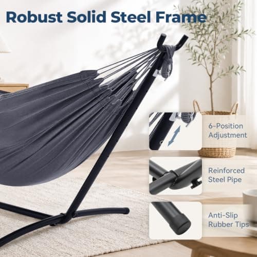 Hammock with Stand, Ohuhu Double Hammock with Space Saving Steel Stand & Pillow 2 Person Hammocks with Portable Carrying Bag for Camping Garden Patio Indoor Use Gift for Birthday, Grey — view 3