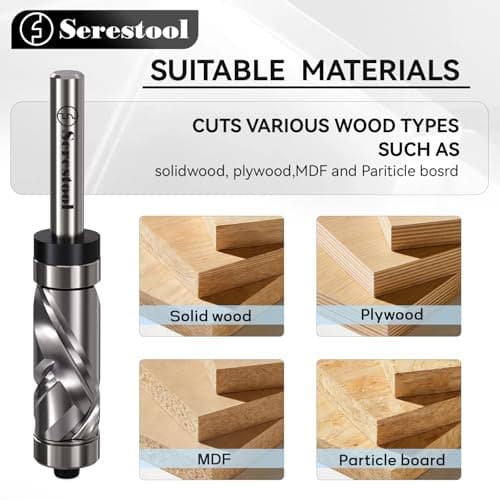 Serestool Top and Bottom Bearing Flush Trim Router Bit 1/4 Shank, 1/2" Cutting Diameter, 1-1/8" Cutting Length, Up&Down Compression Cut, Carbide Spiral Pattern Template Bit for Wood Trimming — view 5