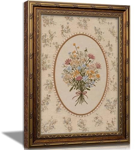 Vintage Gold Framed Wall Art, Cottagecore Pink Wildflower Bouquet Picture Wall Decor, Rustic Farmhouse Flowers Botanical Canvas Poster Artwork, for Nursery Living Room Bedroom 9X11in