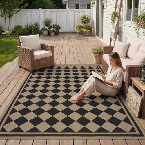 Easy Jute Indoor Outdoor Rug-Area Rug Farmhouse Patio Outdoor Carpet-Backyard Patio Porch Rug Easy Cleaning High Traffic Pet Friendly Non Shedding Black 4x6 FT
