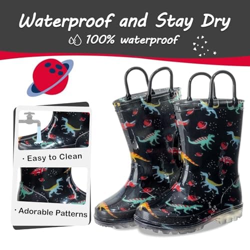 Toddler Rain Boots Kids Light Up Rain Boots for Boys Dinosaur Waterproof Patterns Rainboot with Easy Pull On Handles, Little Kid Size 12 — view 3