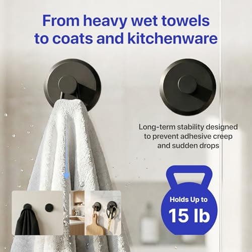 HOME SO Suction Cup Hooks for Shower & Bathroom Towel Holder 2-Pack – Suction Cups Hooks for Hanging Towels, Robes, & Coats - Tiles, Glass Door or Mirror – Shower Hooks & Towel Hooks Organizer - Black — view 3