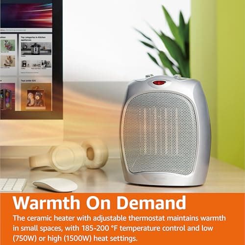 Amazon Basics Ceramic Space Heater, Portable Indoor Heating Solution, With Overheat and Tip-Over Protection, Thermostat, Non-Oscillating, 1500W, Fast Heating, 7.52"D x 6.34"W x 9.45"H, Silver — view 5
