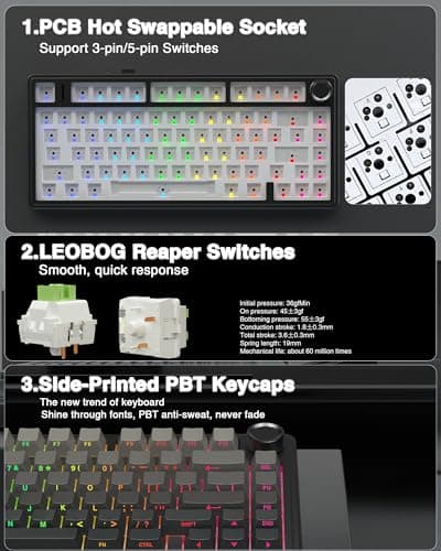 AULA F75 Pro Wireless Mechanical Keyboard,75% Hot Swappable Custom Keyboard with Knob,RGB Backlit,Pre-lubed Reaper Switches,Side Printed PBT Keycaps,2.4GHz/USB-C/BT5.0 Mechanical Gaming Keyboards — view 4