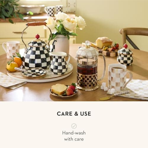 MACKENZIE-CHILDS Coffee French Press, Brown-and-White Mocha Check — view 4