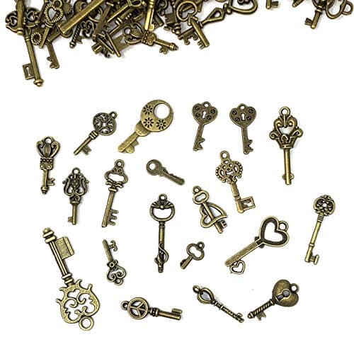 125 PCS Vintage Skeleton Key Set Charms, JIALEEY Mixed Antique Style Bronze Brass for Pendant DIY Jewelry Making Wedding Party Favors — view 3