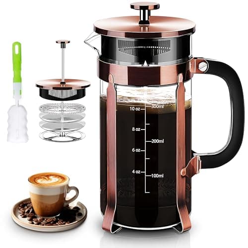 YMMIND French Press Coffee Maker 304 Stainless Steel Coffee Press,with 4 Filters System, Heat Resistant Thickness Borosilicate French Press Glass, BPA-Free Brewed Tea Pot Coffee Plunger(Copper 12oz)