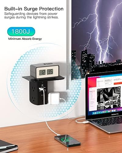 Wall Outlet Extender with Shelf and Night Light,Surge Protector,USB Wall Charger with 5 USB Outlets and 3 USB Ports 1 USB C Outlet — view 4