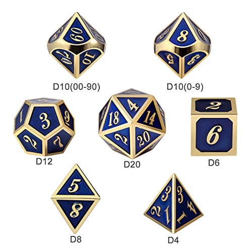 DNDND Heavy Polyhedral Metal Dice Set with Metal Box, 7-die Shiny Blue Surface with Golden Number for RPG,Dungeons and Dragons,Pathfinder,Shadowrun,D&D,Role Palying Game and Math Teaching — view 5