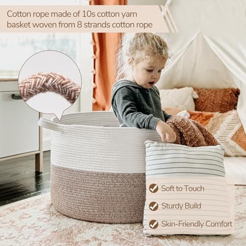 INDRESSME XXXLarge Cotton Rope Basket 21.7" x 21.7" x 13.8" Woven Laundry Basket for Blankets, Storage Basket with Handle Comforter Cushions Storage Bins Thread Laundry Hamper — view 3
