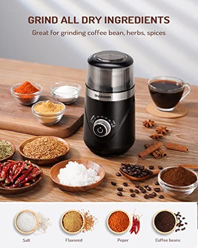 SHARDOR Electric Super Silent Blade Coffee Grinder, Timed Grind Control Rotary Knob, Adjustable Coarse to Fine for Coffee Beans, Spices & Herbs, with 1 Removable Stainless Steel Bowl, Black — view 3