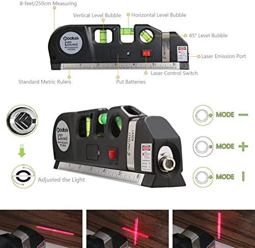 Laser Level Multi Tool, Multipurpose Cross Line Laser Leveler Kit Tools with Metric Rulers 8ft/2.5M for Hanging Pictures Cabinets Tile Curtains Walls by Qooltek