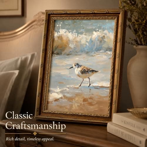 Vintage Framed Coastal Wall Art,Beach Sandpiper Bird Oil Painting, Antique Gold Ornate Frame, Seaside Ocean Waves Canvas Decor for Beach House, Bathroom, Living Room 11" L x 9" W — view 4