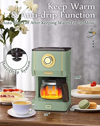 Amaste Drip Coffee Maker, Coffee Machine with 25 Oz Glass Coffee Pot, Retro Style Coffee Maker with Reusable Filter & Three Brewing Modes, Warming Plate, Matcha Green — view 5