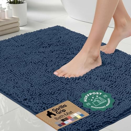 GORILLA GRIP Bath Mat, Thick Soft Absorbent Chenille Floor Mats, Rubber Backing Bathmat, 122x61 cm, Quick Dry Rug, Machine Washable Rugs for Shower Tub Floors, Bathroom Accessories Decor, Navy Blue