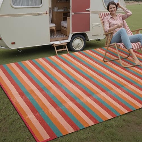 PureCozy Outdoor Waterproof Patio Rug 5x8 Plastic Straw Reversible Outside Orange Red Colorful Stripe Carpet Lightweight Large Rug for Camping RV Porch Deck Balcony Beach — view 4