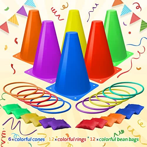 Eocolz 3 in 1 Carnival Games Set, Soft Plastic Cones Bean Bags Ring Toss Games for Kids Birthday Party Outdoor Games Supplies 32 Piece Combo Set — view 2