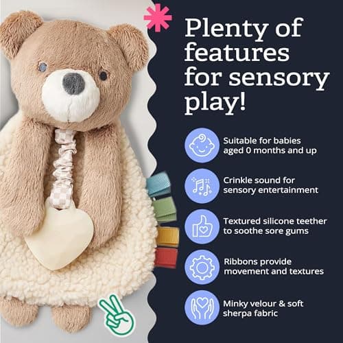 Itzy Ritzy - Itzy Lovey Including Teether - Baby Lovey with Teether, Textured Ribbons & Dangle Arms - Features Crinkle Sound, Sherpa Fabric and Minky Plush (Bear) — view 3