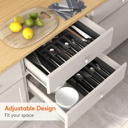 Lifewit Extra Large Cutlery Organizer, Expandable Silverware Drawer Organizer for Kitchen, Adjustable Cutlery Tray Drawer Organizer for Spoon Forks Knives, Cutlery Crocks, 13-22 x 15", Black — view 6
