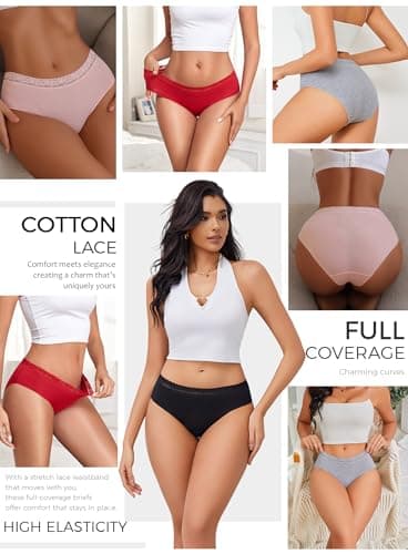 READY TO LOVE Cotton Underwear Womens Sexy Panties Lace Waistband Full Coverage Briefs Ladies Bikini Hipster 6 Pack — view 6
