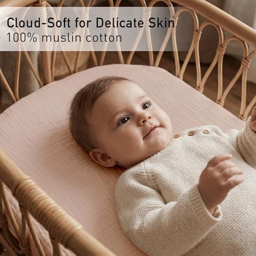 Muslin Bassinet Sheets 2 Pack, Soft Breathable Fitted Sheets for Bedside Sleeper Bassinet, 33x20 Inch, Snug Fit Baby Bassinet Mattress Cover for Newborn Boys Girls (Gentle Colors) — view 5