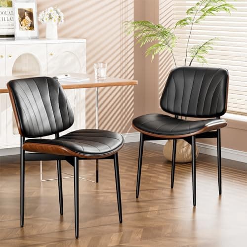 YaFiti Dining Chairs Set of 2, Dining Room and Kitchen Chairs, Mid Century Modern Accent Chair, Upholstered PU Leather Chairs for Vanity with Walnut Bentwood and Metal Legs, Black