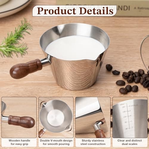 Amrules Espresso Cup, 6.8 oz/200 ml Stainless Steel Coffee Shot Measuring Cup with Wood Handle, Double V-Shaped Mouth and Clear Scale for Cappuccino Barista Coffee Bar Accessories, Silver — view 2