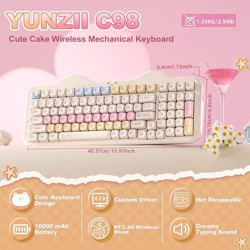 YUNZII C98 Wireless Mechanical Keyboard with Number Pad,99 Key BT5.0/2.4G/USB-C Hot Swap Gasket Mount with PBT MOA Keycaps,Custom RGB,Cute Cake Keyboard for Win/Mac (Beige, Candy Linear Switch)
