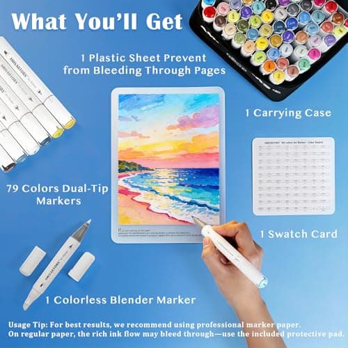 80 Colors Alcohol Markers Dual Tip Set, Chisel & Fine, 2.8g High Ink Capacity, Easy Blending Art Markers for Artists, Adults Coloring, Sketching, Drawing, Illustration & Painting with Carrying Case — view 6