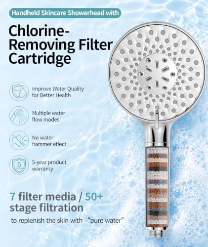Filtered Shower Head with Handheld, High Pressure 9 Spray Mode Chrome Showerhead with Filters,Detachable Shower Head,Water Softener Filters Beads for Hard Water -Remove Chlorine