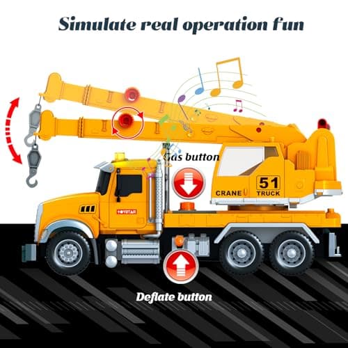15 Inch Friction Powered Crane Truck Toy with Lights, Sounds & Movable Arms - Construction Vehicle Gift for Kids Boys Girls Ages 3-7