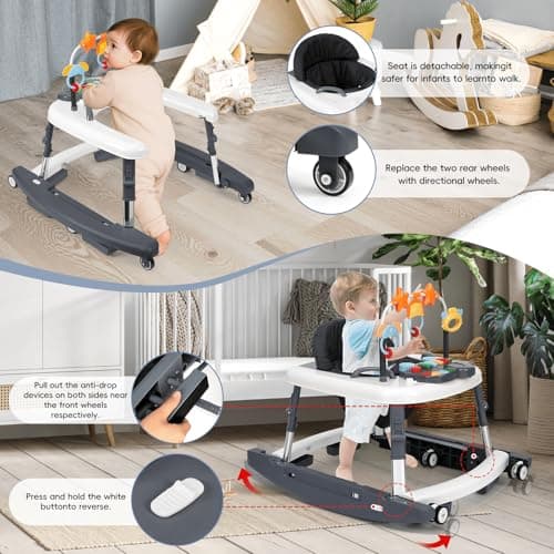 CiuseiAnx 5 in 1 Baby Walker Foldable Music and Lights with 5 Adjustable Heights, Baby Walker with Wheels Portable, Infant Toddler Walker for Baby Boy Girls 6-18 Months (D-Grey) — view 8