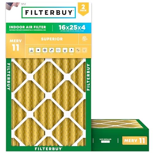 Filterbuy 16x25x4 Air Filter MERV 11 Superior Pet & Allergy Defense (2-Pack), Electrostatic Pleated HVAC AC Furnace Filters Replacement, Made in USA (Actual Size: 15.50 x 24.50 x 3.63)