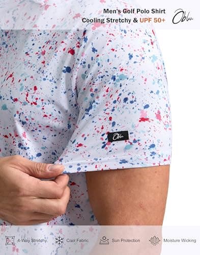 Obla Mens Golf Polo Shirts Short Sleeve Dry Fit Performance Moisture Wicking Casual Print Collared Golf Shirts for Men(White Colored Dots_L) — view 4