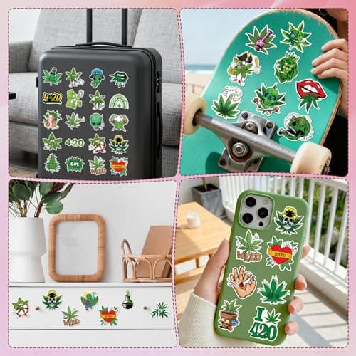 Vemfare Weed Plant Stickers for Adults - 100 Pcs Green Leaves Trippy Water Bottle Stickers, 420 Waterproof Vinyl Scrapbook Decals for Laptop Journaling — view 5