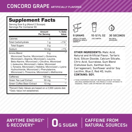Optimum Nutrition, Amino Energy - Pre Workout with Green Tea, Bcaa, Amino Acids, Keto Friendly, Green Coffee Extract, Energy Powder - Concord Grape, 65 Servings — view 2