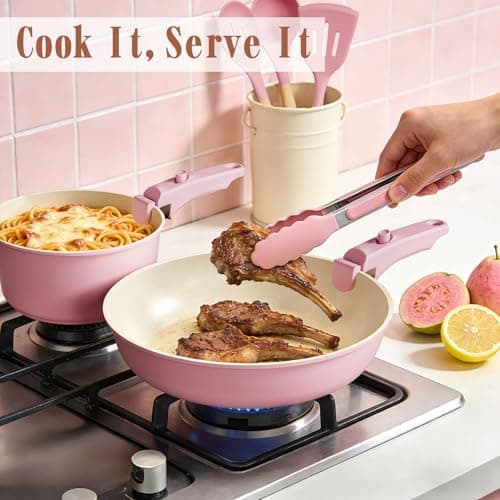 Umite Chef Pots and Pans Set Non Stick, 21 pcs Nonstick Ceramic Cookware Set, RV Kitchen Cooking Set with Detachable Handles, Oven Safe, Induction Cookware, Stackable, Pink, PFAS PFOA & PTFE Free — view 6