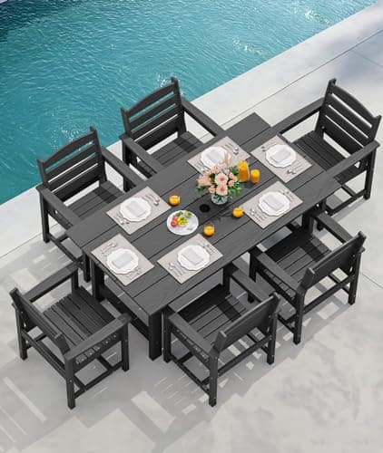 SERWALL 8-Pc HDPE Dining Set, 1 Table, 1 Umbrella & 6 Chairs, Black — view 7