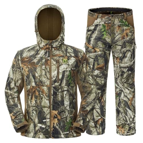 TIDEWE Hunting Clothes for Men with Fleece Lining, Safety Strap Compatible Hunting Jacket and Pants, Water Resistant Silent Hunting Suits for Climbing, Hiking, Camping (Next Camo, Size L)