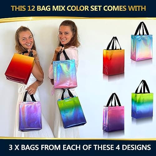 Nush Nush Rise Gradient Gift Bags – Set of 12 Mix Color Ombre Reusable Gift Bags With Holographic Finish - Colorful Party Favor Bags With Handles, Goodie Bags - 8x4x10 Medium Size — view 6